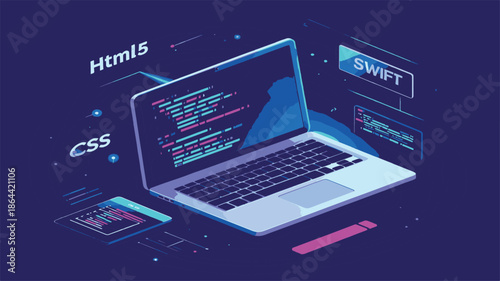 Modern Laptop Displaying Code Snippets and Programming Languages like HTML5 and CSS, Illustrating Software Development