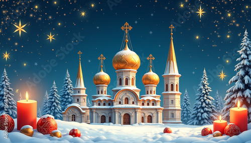 Orthodox New Year Winter Celebration with Church Domes and Candlelight