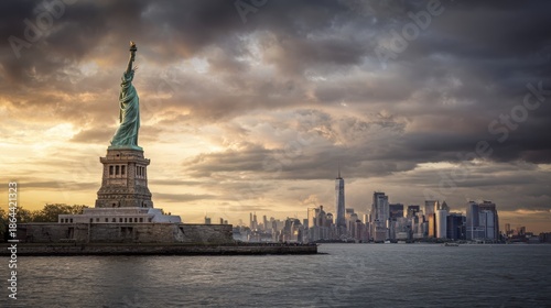 statue of liberty in new york city at sunset, with the city skyline in the background