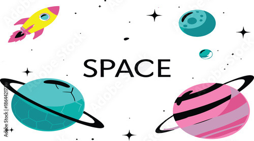 Whimsical cartoon illustration of a vibrant outer space scene featuring a colorful rocket, ringed planets, and twinkling stars, perfect for children's educational content or playful designs