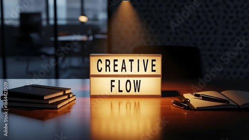 Creative workspace with notebooks and lightbox on a wooden desk in a modern office