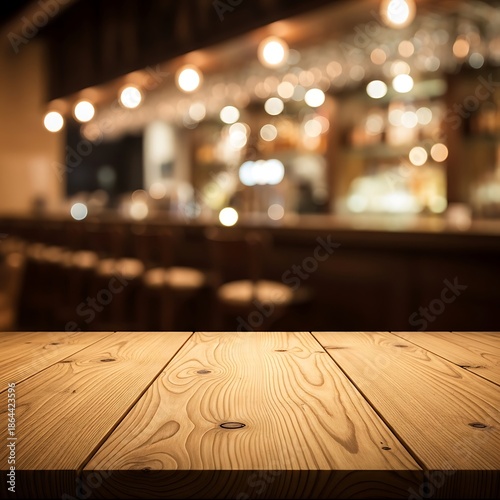 Wooden table top in a dimly lit bar or restaurant with bokeh lights background