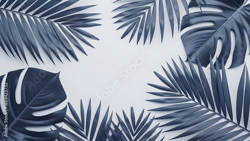 Blue tropical leaves on white background forming a circular frame with copy space