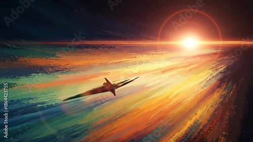 Vantage shot of airplane flying toward sunrise over ocean