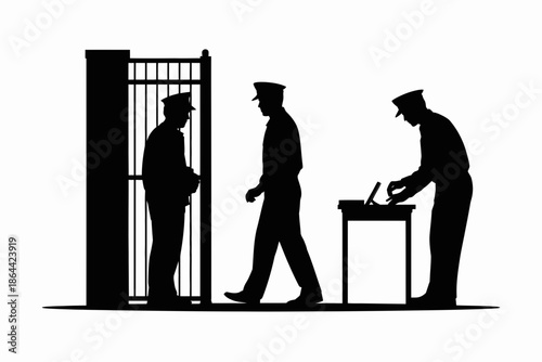 Police officer assisting at jail cell isolated on white background, Vector, illustration