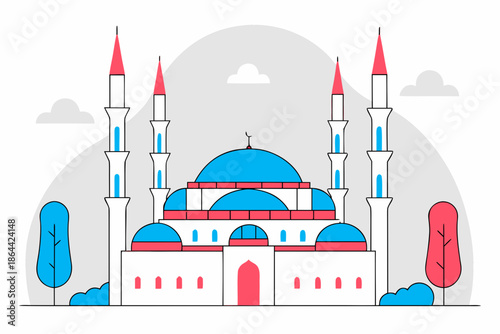 Flat vector illustration of an Islamic mosque with domes and minarets, isolated on a transparent background	
