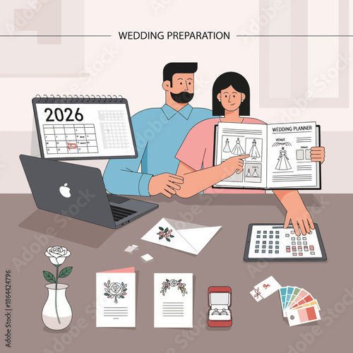Couple Planning Wedding Together, Using Planner Book and Calendar