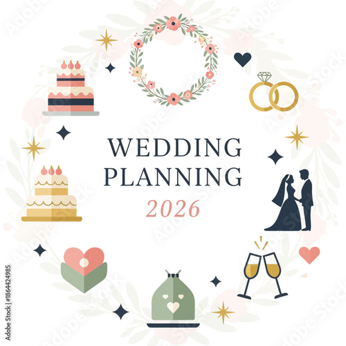 Wedding Planning 2026: Cakes, Rings, Couple, Flowers, Champagne Icons