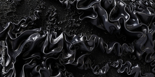 Ultra-detailed abstract macro of dense black flowing forms with silky folds and liquid-like texture. Dark cinematic lighting, high contrast, seamless full-frame composition for premium modern design u