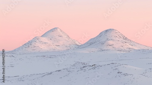 Snowy Mountain Peaks Under Pink Sunset Sky in Winter Landscape