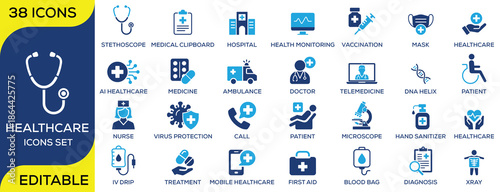 Healthcare icon set featuring medical, hospital, doctor, nurse, vaccination, telemedicine, diagnosis, patient care and emergency concepts. Modern flat vector icons with editable stroke, ideal for medi