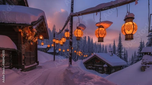 Snowy Mountain Village Scene with Warm Orange Lanterns at Sunset