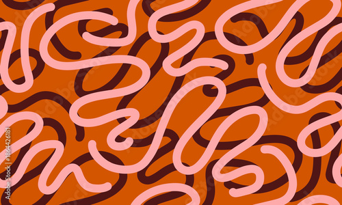 Fun colorful line doodle seamless pattern for kids birthday party or celebration background, trendy design with scribble shapes on black backdrop