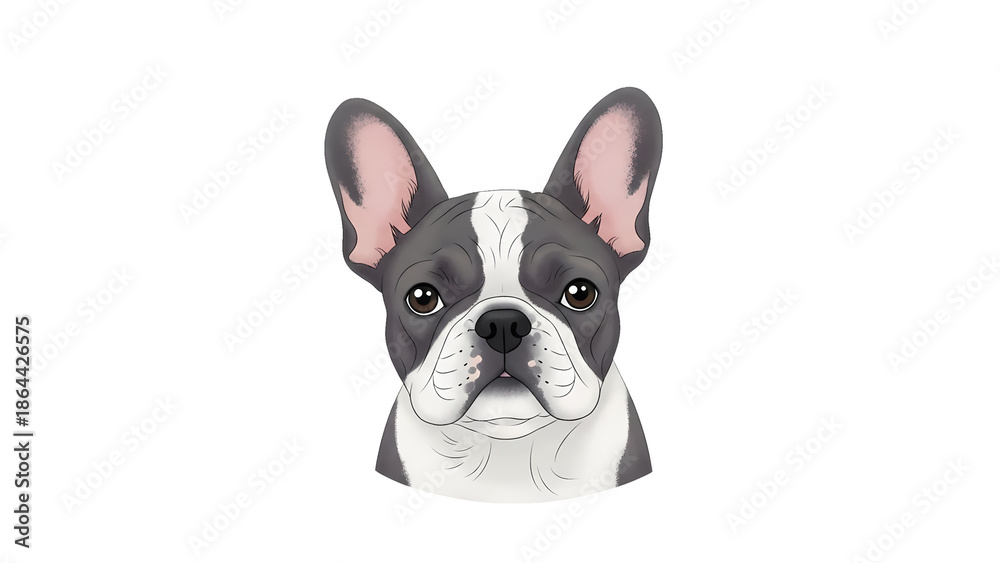 Fototapeta premium A charming illustration of a french bulldog. The adorable dog's black and white face is looking forward with its large ears, nose and eyes visible