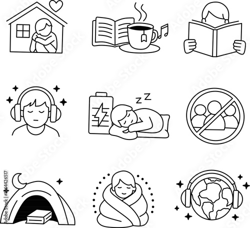 Introvert icons representing solitude and recharge activities. Linear vector set