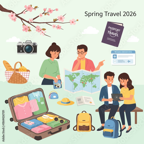 Spring Travel Planning: People, Suitcase, Map, Camera, Passport, Picnic Basket