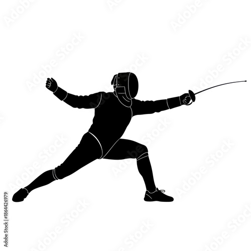 Black silhouette of a fencer in a dynamic lunge pose with a sword.