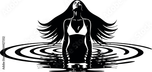 Woman Emerging from Water with Ripples Silhouette Black and White Vector Illustration 
