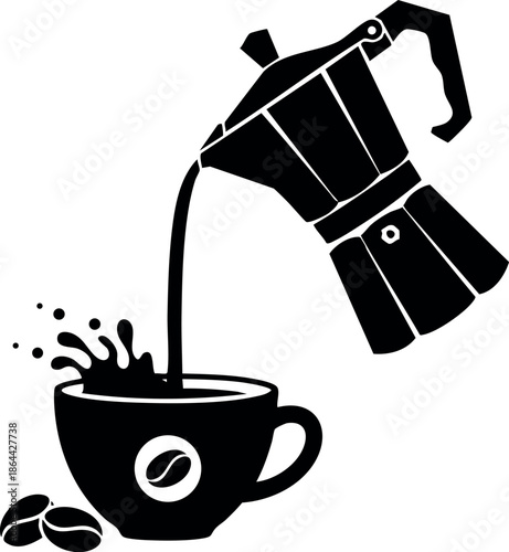 Coffee being poured from moka pot into cup with coffee beans vector illustration 