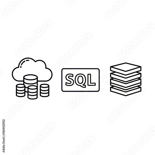 Database technology concept icons showing cloud storage, SQL language, and a server stack.