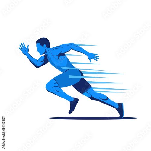 Dynamic blue illustration of a male athlete sprinting forward with speed lines.