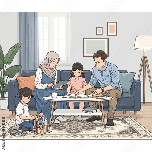 Muslim Family Studying Together at Home, Parents Teaching Children