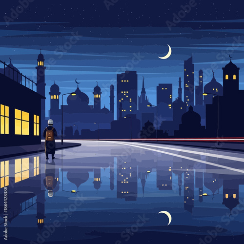Pixel Art Cityscape at Night with Crescent Moon and Reflections