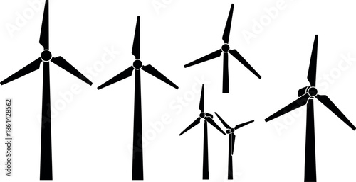 Wind turbines renewable energy silhouettes in black vector illustration 