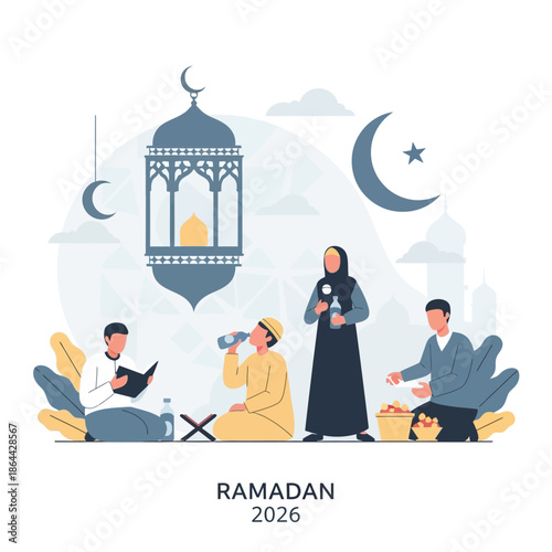 Ramadan Gathering: Family Iftar, Reading Quran, Prayer, Crescent Moon, Lantern