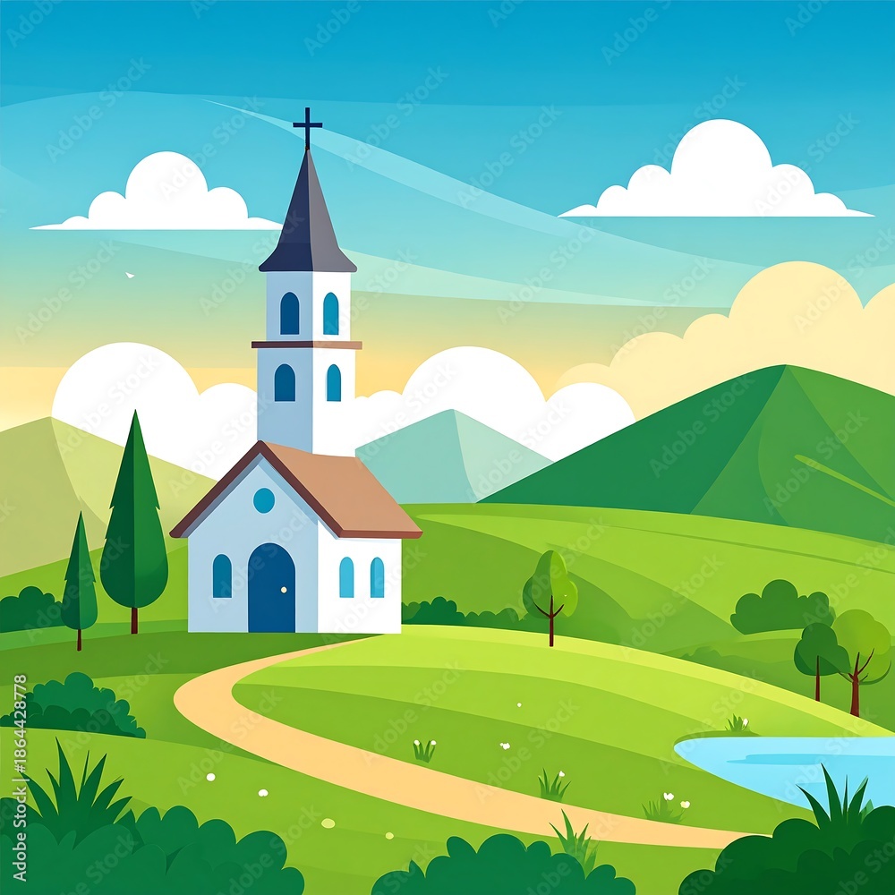 Naklejka premium Church on a hill amidst a peaceful landscape with lush greenery and serene skies, pond, and mountain backdrop