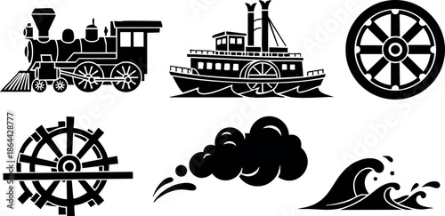 Vintage steam locomotive and paddle steamer boat vector with water wheel and wave illustrations 