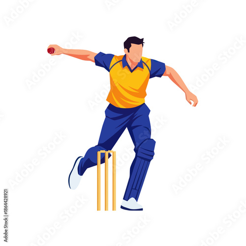 Dynamic vector illustration of a cricket bowler in a yellow and blue uniform throwing a ball.