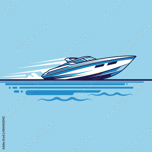 Dynamic vector illustration of a sleek speedboat racing across blue water.