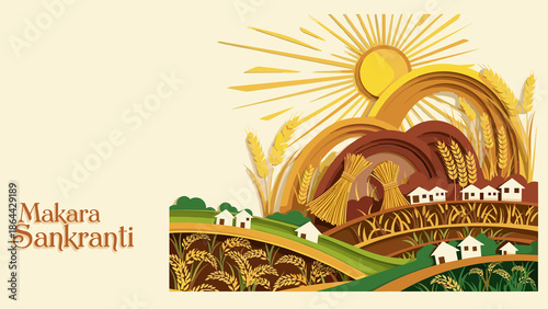 Colorful illustration of a harvest scene representing Makara Sankranti celebration with warm tones and sunlight for a festival poster with copy space.