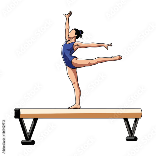 Female gymnast in a blue leotard performing a graceful balance pose on a beam.