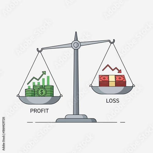 Financial balance scale showing profit with coins and an up arrow outweighing loss with banknotes and a down arrow.