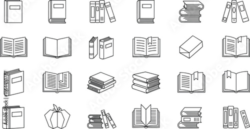 Book icons, reading symbols, education graphics, black and white book set, open books, stacked books, bookmarks, apple, eraser, library