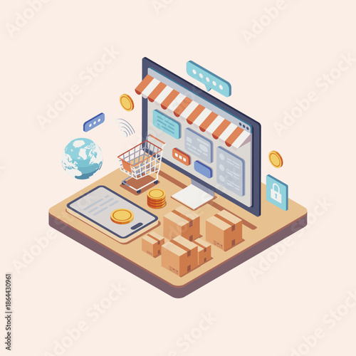 Isometric illustration of a modern online shopping experience, showcasing a tablet with a storefront, smartphone, delivery boxes, and shopping cart, symbolizing e-commerce and digital transactions