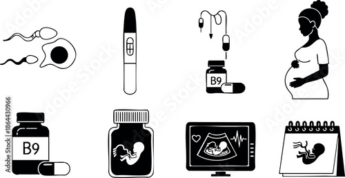 Pregnancy and vitamin b9 supplementation vector icons for prenatal health awareness 