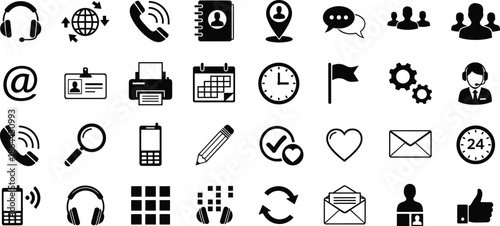 Communication icons, office symbols, customer service graphics, headset, email, calendar, phone, search, settings, mobile, contact, messaging, support