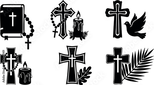 Christian religious symbols with crosses candles bible and dove vector illustration set 