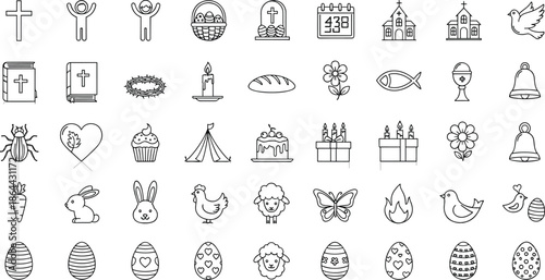 Easter icons, Christian symbols, religious line art, cross, church, Bible, dove, crown of thorns, chalice, candle, bread,