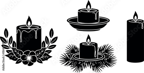Black silhouette candles with floral and pine leaf decoration vector illustration 