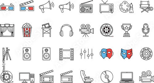 Film icons, media symbols, entertainment graphics, movie tools, theater elements, director gear, audio visuals, cinema set, creative design, pop culture
