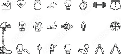 Fitness icons, health symbols, sports graphics, boxing gloves, dumbbell, stopwatch, heart monitor, hiking boot, martial arts, gym gear, strength