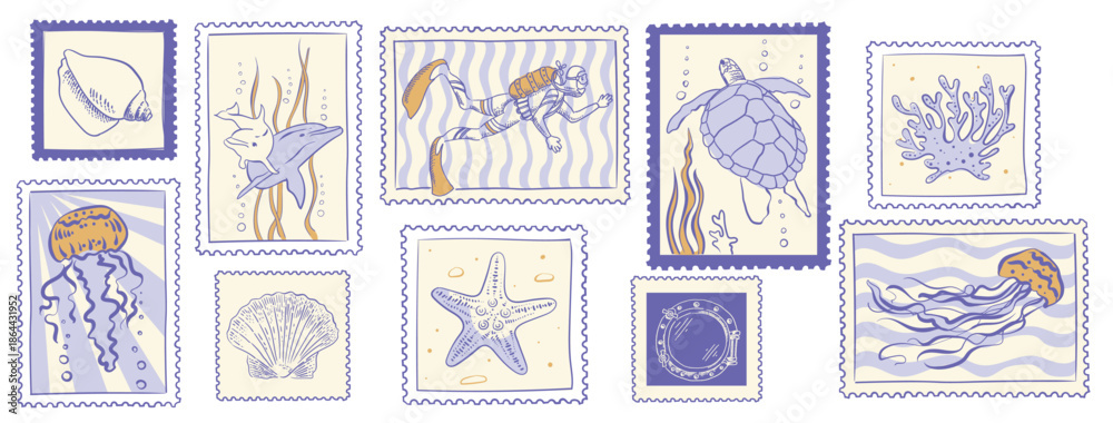 Obraz premium Marine life postage stamps. Vector set in vintage hand drawn style.