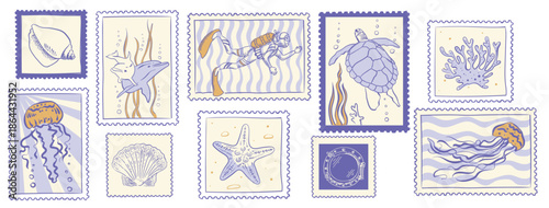Marine life postage stamps. Vector set in vintage hand drawn style.