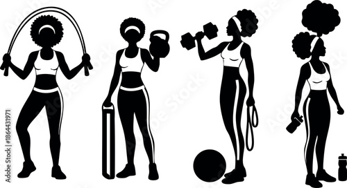 African American Women Exercising with Jump Rope Dumbbells and Fitness Ball Vector Illustration 