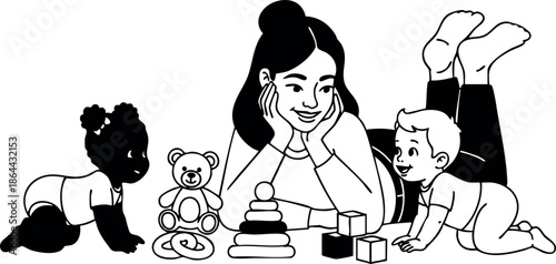 Mother playing with baby and crawling toddler with toys vector illustration 