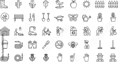 Gardening icon set, garden tools plant care symbols, outdoor farming activities collection, line outline vector illustration isolated